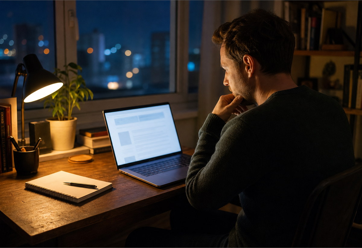 A reader focused on a laptop article at a small desk at night